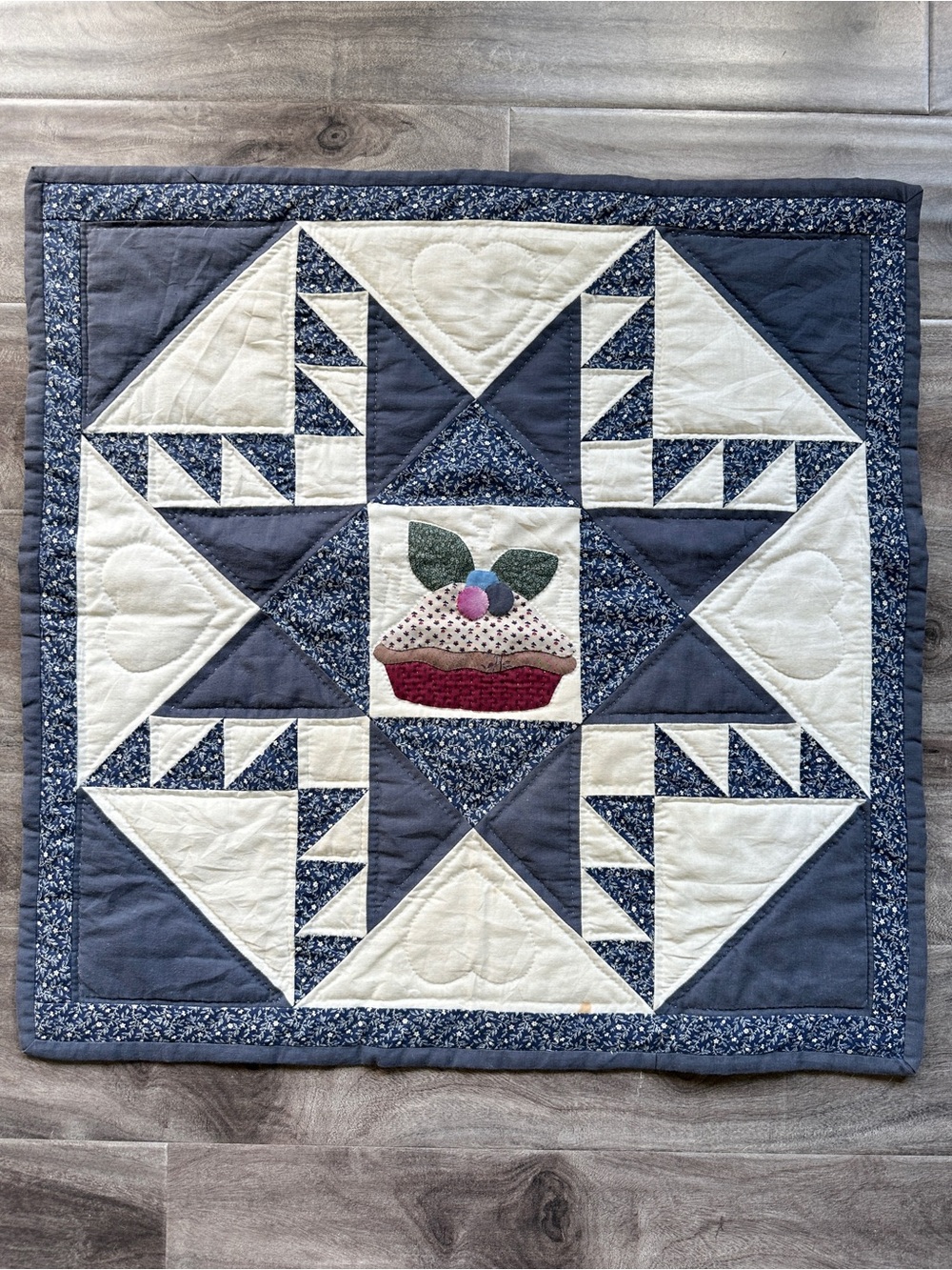 Handmade Navy and Cream Quilted Blueberry Pie Wall Hanging Wall Art Farmhouse
